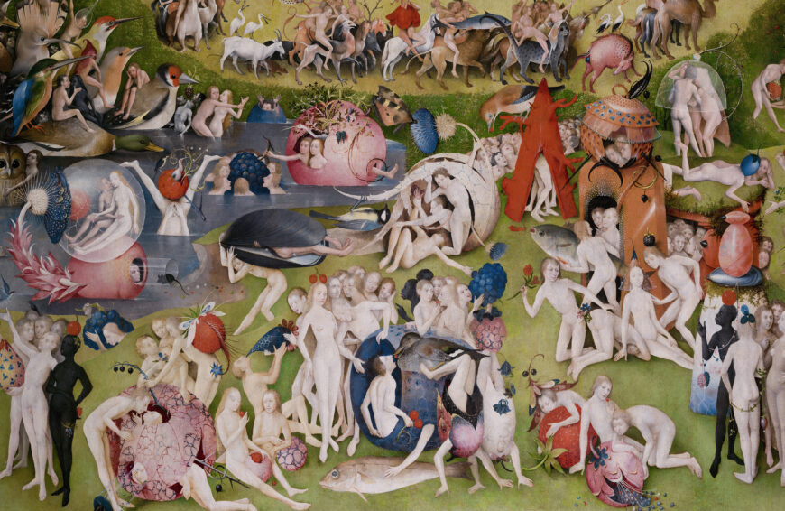 Hieronymus Bosch, The Garden of Earthly Delights, 1490–1500, oil on oak panels (triptych), 185.8 cm high, central panel 172.5 cm wide, wings 76.5 cm wide (Museo del Prado, Madrid)