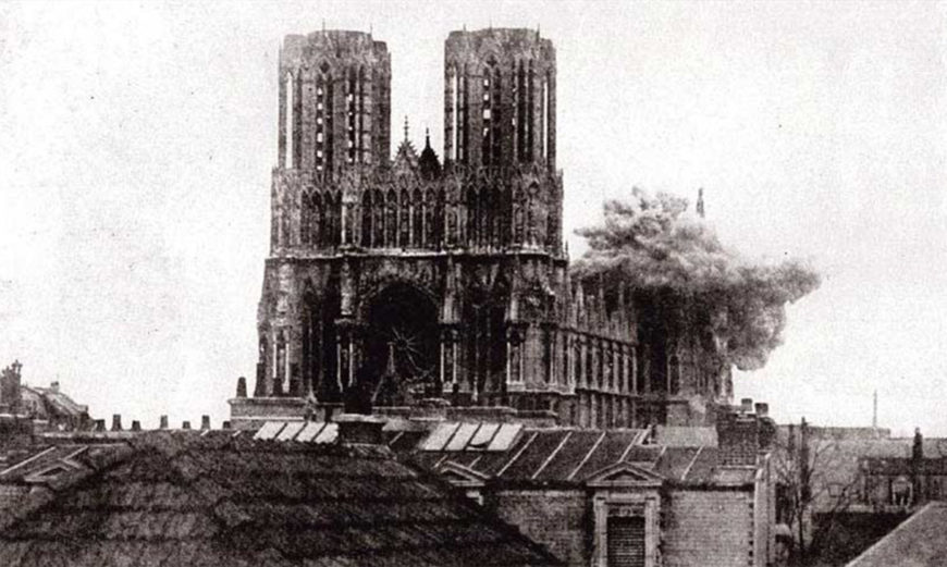 Shell bursting on the cathedral at Reims, from Collier’s New Photographic History of the World’s War, 1918